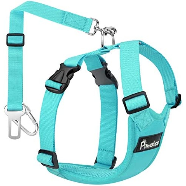 Pawaboo Dog Safety Vest Harness, Pet Car Harness Vehicle Seat Belt with Adjustable Strap and Buckle Clip, Easy Control for Driving Traveling Safety for Small Medium Dogs Cats, Medium, Blue