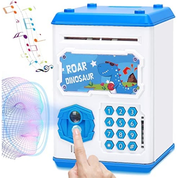 Piggy Bank Kids Boys Toys Electronic ATM Money Bank Dinosaur Fingerprint & Face Scan Password Code Cash Coin Money Safe Saving Box Birthday