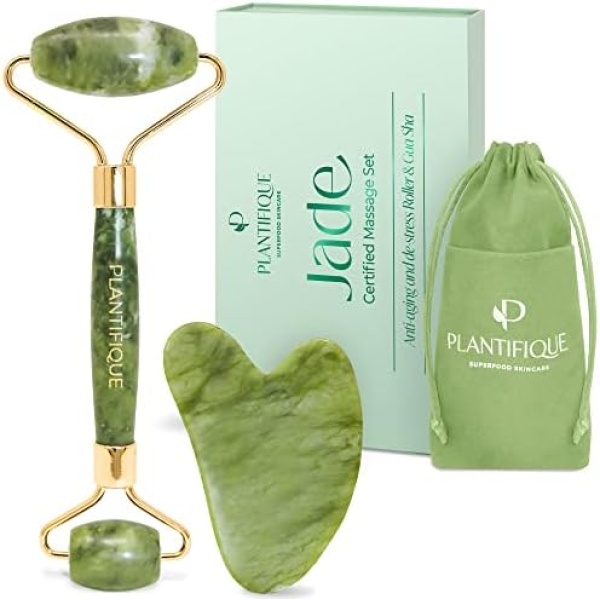 Plantifique Jade Roller and Gua Sha Set for Women - Anti Aging Jade Face Roller and Gua Sha Facial Tools for Face, Eyes, Neck Lifting - Rollers & GuaSha Face Massager Sculpting Beauty Skin Care by