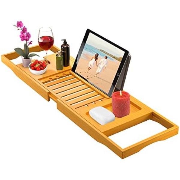 Premium Bamboo Bathtub Tray Caddy - Expandable Wooden Bathroom Tray - Adjustable Tray for Tub - Luxury Bath Caddy Tub Table - Gift Idea for Loved Ones (Natural)