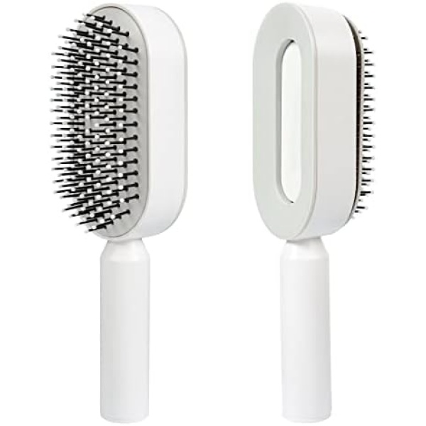 Self Cleaning Hair Brush for Women, One-key Cleaning Airbag Massage Scalp Comb, 3D Air Cushion Anti-Static Hairdressing Brush (White)