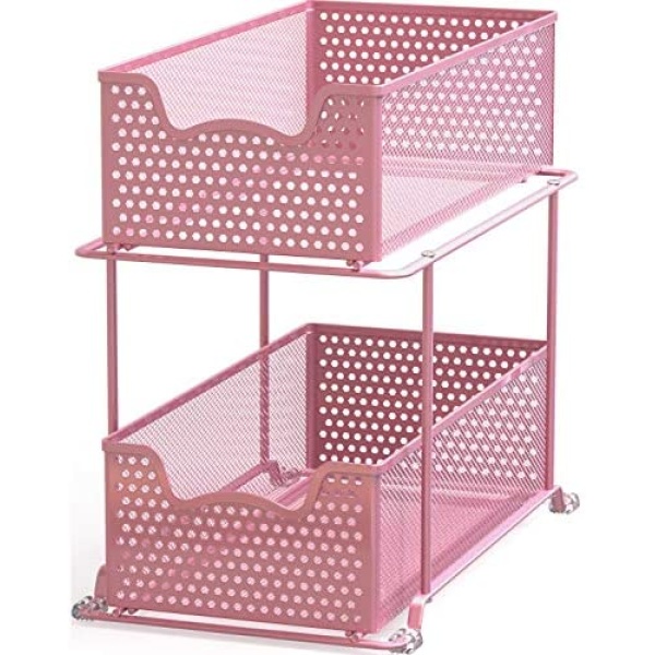 SimpleHouseware 2 Tier Sliding Cabinet Basket Organizer Drawer, Pink