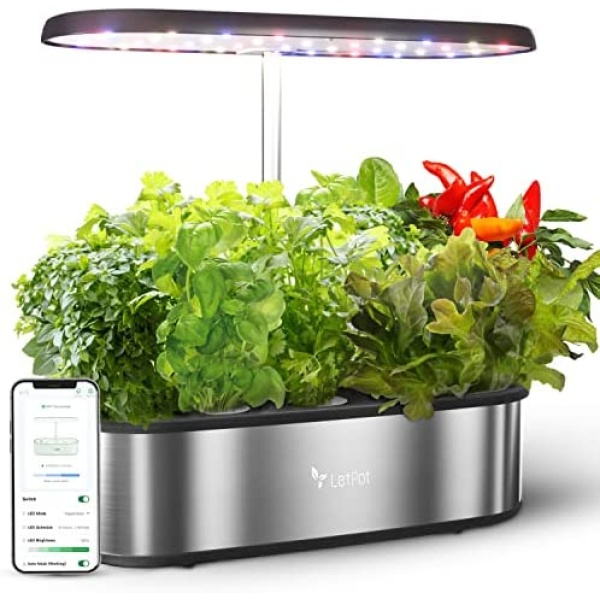 Smart Hydroponics Growing System, LetPot 12 Pods Indoor Garden, 24W Light, App&WiFi Control, Water Shortage Remind, 20" Adjustable Rod, 5.5L Tank, Herb Garden for Home Kitchen, Stainless Steel