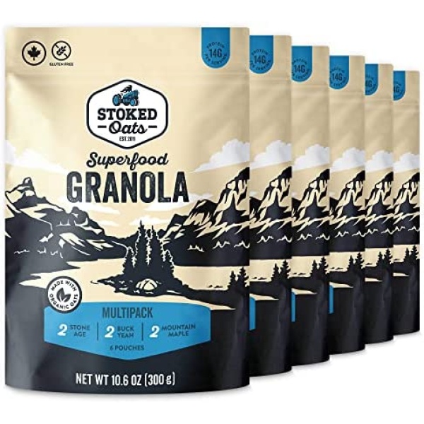 Stoked Oats Granola - Stoked Multipack (6 Pack) High Protein, Less Sugar, Superfood Breakfast - Gluten Free, High Fibre, Non GMO (300g per box)