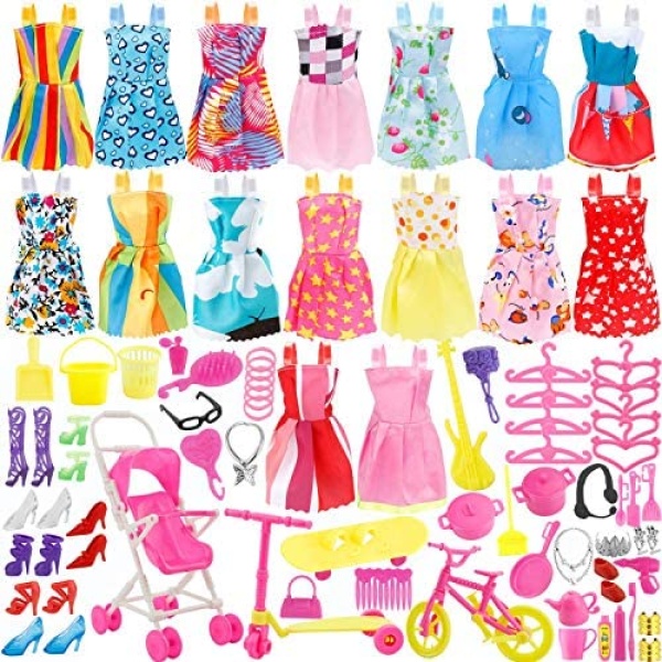 Total 114pcs - 16 Pack Clothes Party Gown Outfits for Dolls+ 98pcs Dolls Accessories Shoes Bags Necklace Mirror Hanger Tableware