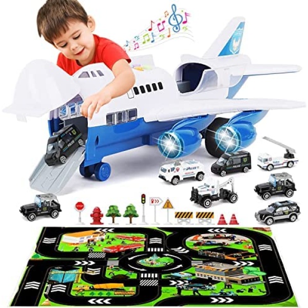 Transport Cargo Airplane-Car Toys for Boys with Large Play Mat, Sounds Buttons Flashing Light,Vehicles Fire Trucks for Kids Toddlers,Gift for Abundant Car & Plane Play Set: 3 4 5 6 Years Old