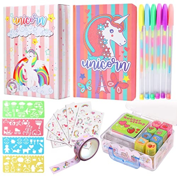 Unicorn Diary for Girls, Unicorn Stationery Set, Notebook, Pen, Stickers, Mini Stamps Set, Drawing Stencils, Unicorn Journal Birthday Gift for Drawing Writing for Girls Kids Ages 4-12