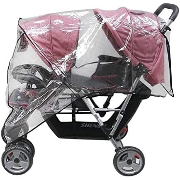 Universal Baby Pushchair Rain Cover Waterproof Twins Baby Stroller Rain Cover Transparent EVA Pushchair Dustproof Cover Baby Carriage Pram Accessories Travel Weather Shield with Canopy and Zipper Door