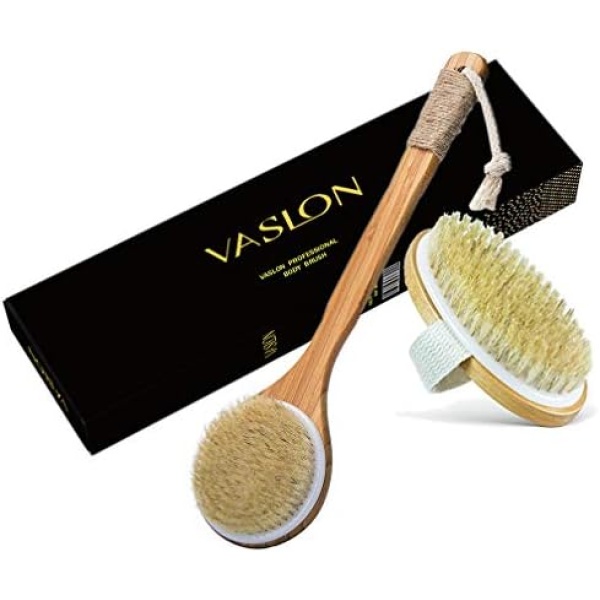 VASLON Bath Brushing Body Brush, Boar Bristles Exfoliating Body Massager with Long Wooden Handle& No Handle 2Pcs