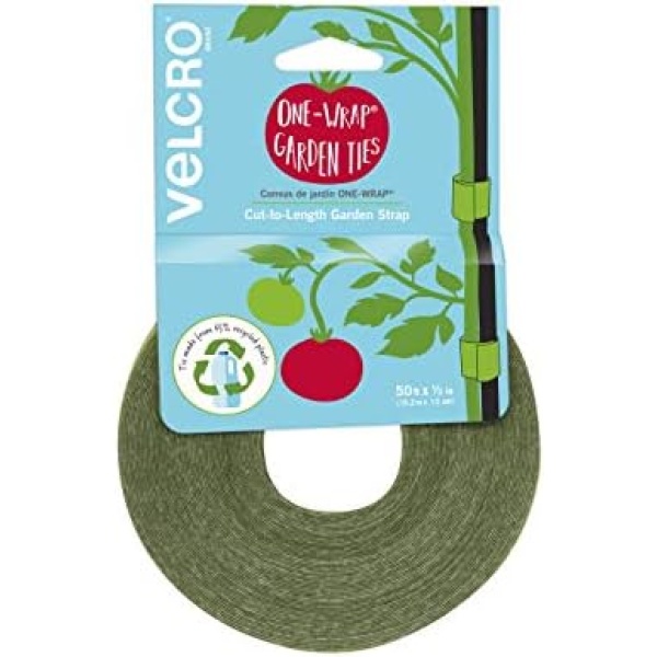 VELCRO Brand VEL-30071-USA ONE-WRAP Garden Ties | Plant Supports for Effective Growing | Strong Grips are Reusable and Adjustable | Cut-to-Length, 50 ft x 1/2 in, Green-Recycled Plastic