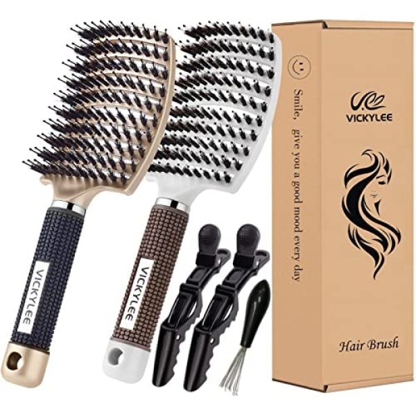 VICKYLEE Boar Bristle Hair Brush 2Pcs Curved and Vented Detangling Hair Brush for Women Long,Thick,Curly,Wet Hair,dry hair and Tangled Hair Vent Brush Gift kit (Gold+White)