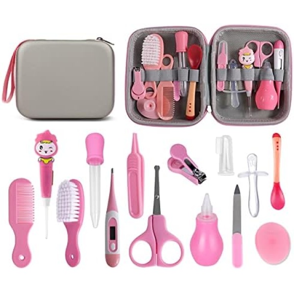 VolksRose 14 in 1 Baby Grooming Kit Newborn, Baby Care Kit with Hair Brush Comb Nail Clipper Finger Toothbrush Nail File Scissors etc, Nursery Healthcare Set for Newborn Infant Boy Girl, Pink