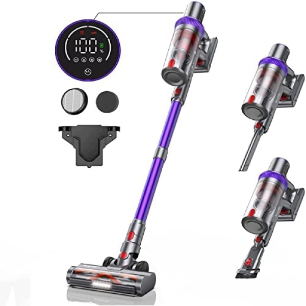 WLUPEL Cordless Vacuum Cleaner,400W/33KP Powerful Stick Vacuum with LED Touch Screen,Cordless Stick Vacuum has 3 Adjustable Suction Modes for Hard Floor/Carpet/Pet Hair(KB-H015)