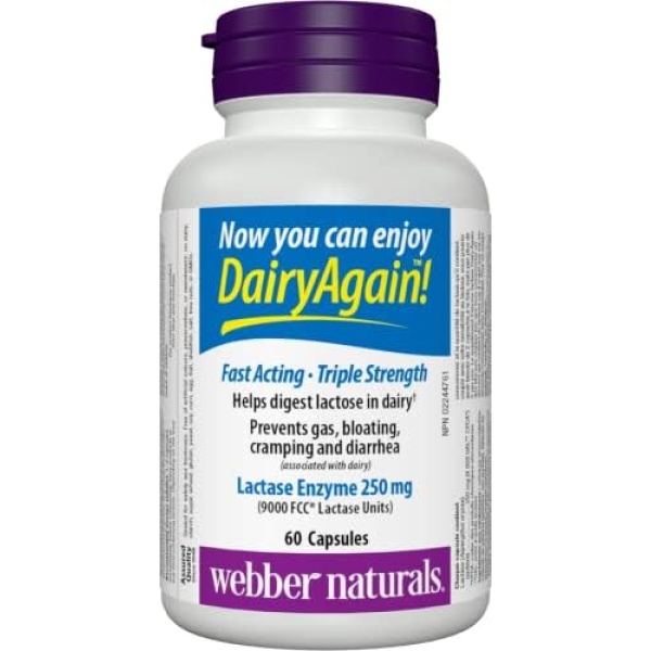 Webber Naturals Dairy Again Lactase Enzyme 250 mg, 60 Capsules, Helps Digestion of Lactose in Milk and Dairy Products