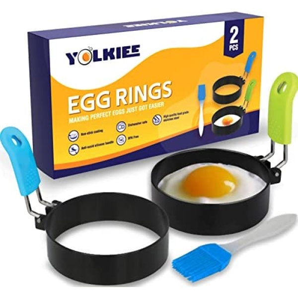 Yolkiee Egg Rings | 2 pack | Non-stick Egg Ring with Oil Brush | Stainless Steel with Anti-scald Multi-color Silicone Handle | Egg mold for Frying Eggs, Egg Mcmuffins, Sandwiches, Pancake, Omelettes | Round Egg Shaper Ring Molds for Kitchen (2 Pack)