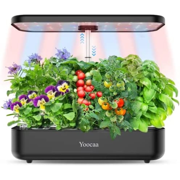 Yoocaa 12 Pods Hydroponics Growing System, Large Indoor Herb Garden with LED Light, Up to 19.4'' Height Adjustable Hydroponics Gardening System for Home Kitchen Gardening (Black)