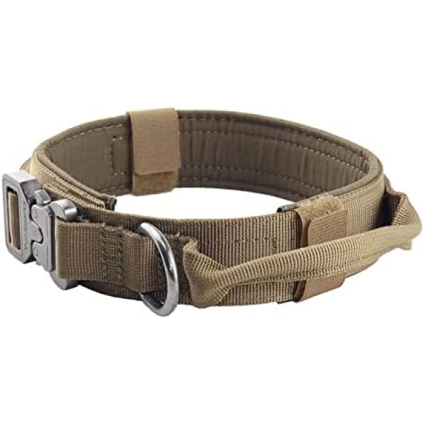 Yunlep Adjustable Tactical Dog Collar Military Nylon Heavy Duty Metal Buckle with Control Handle for Dog Training(L,Coyote Brown)