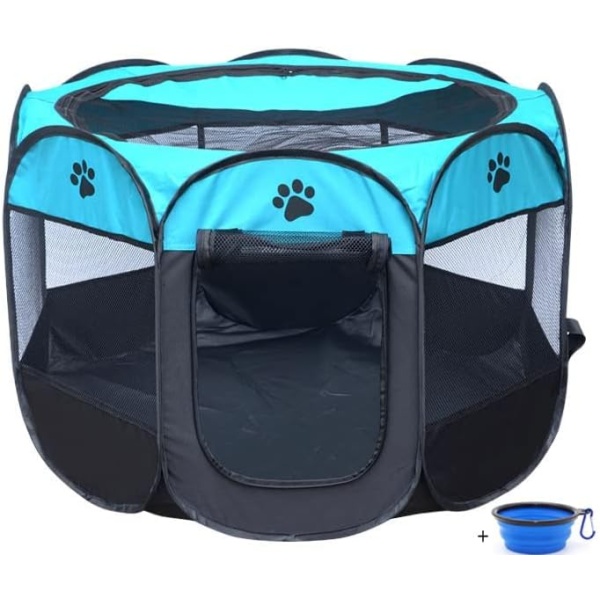 ZuHucpts Portable Foldable Pet Playpen/Dog Puppy Pen/Cat Tent cage | Indoor Outdoor Use | + Travel Bowl (Large 36" x 36" x 23", Bule)