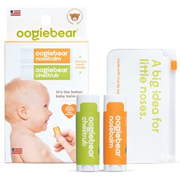 oogiebear Chest Rub & Nose Balm Bundle for Nasal and Cold Relief. All Natural USDA Certified Organic, Petroleum Free. Gentle Baby Care Kit. Includes Pouch for Travel