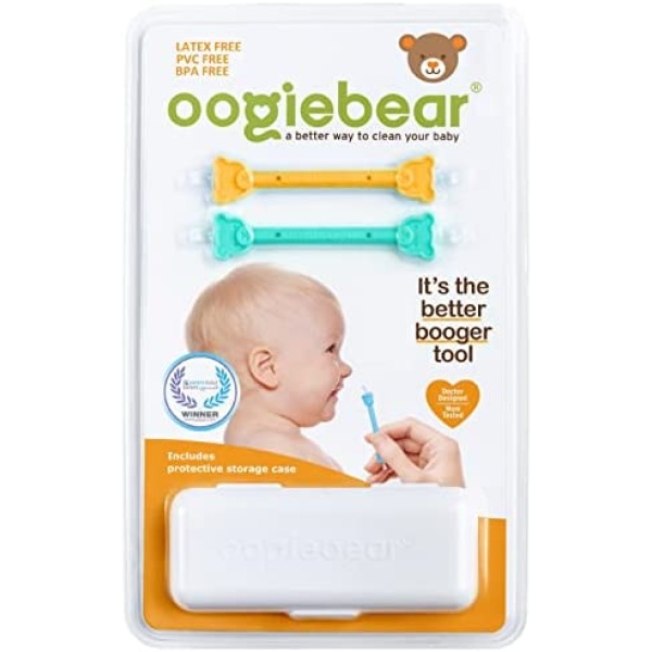 oogiebear - Patented Nose and Ear Gadget. Safe, Easy Nasal Booger and Ear Cleaner for Newborns and Infants. Dual Earwax and Snot Remover. Aspirator Alternative - Two Pack with Case - Orange Seafoam