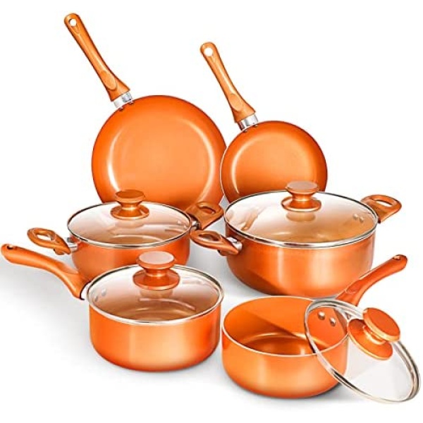 10-Piece Non-Stick Cookware Set Pots and Pans Set for Cooking - Ceramic Coating Saucepan, Stock Pot with Lid, Frying Pan, Copper