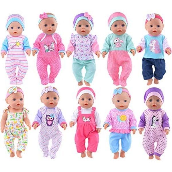 10 Sets Lovely Doll Clothes with Hat Headband Accessories Total 24 Pcs for 15 inch Baby Doll, 43cm New Born Baby Doll, 18 Inch Girl Doll