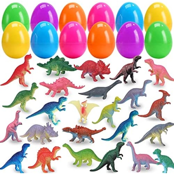 12 Pack Prefilled Easter Eggs and Dinosaur Toys, 12Pcs Easter Dinosaur Eggs and 24Pcs Mini Dinosaurs Toys for Easter Basket Stuffers Party Favors Eggs Hunt