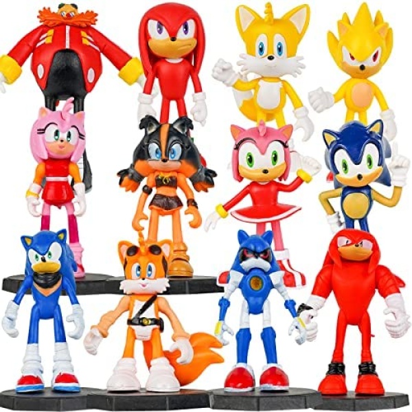 12 pcs Big Sonic Toys Action Figures 3.5-inch-tall, Sonic The Hedgehog Cupcake Toppers, Party Supplies Cake Toppers, Carry Bag