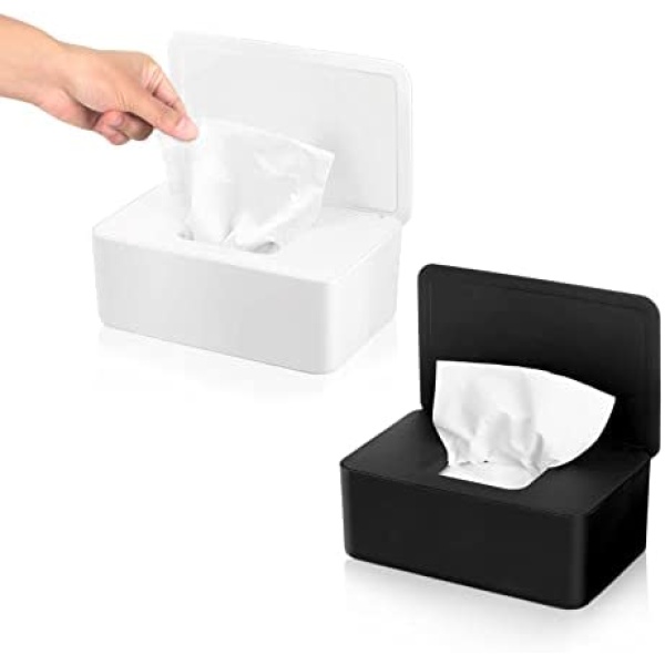 2 Packs Wipes Dispenser Tissue Box with Lid Baby Wipes Case Secure Seal Wipes Container Wipe Holder Baby Wipes Box Tissue Case Box Dust-proof Keeps Baby Wipe Fresh Safe (Black and White)