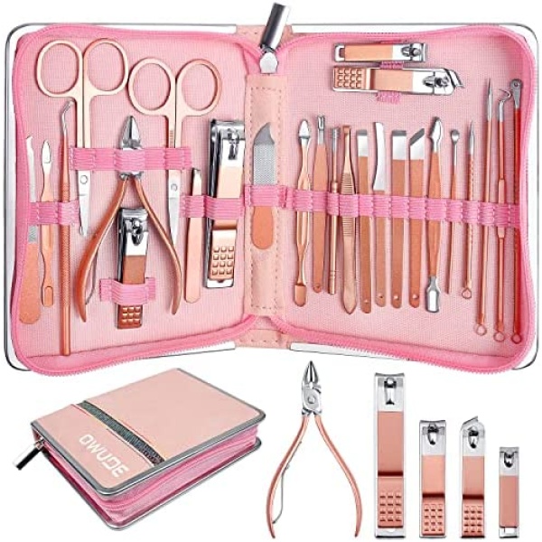 26 Pcs Manicure Set,Professional Pedicure Kit,Stainless Steel Nail Clippers for Women,Pedicure Care Tools with Pink Leather Travel Case-Rose Gold