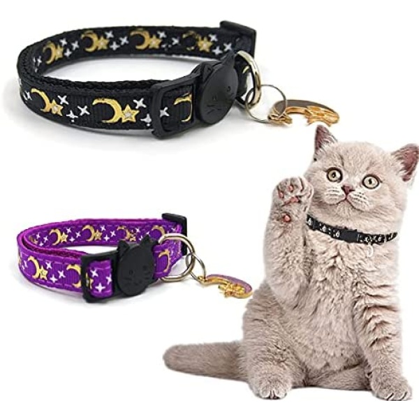 2PCS Adjustable Cats Collars with Bell Moons Stars, Safety Breakaway Cat Collar, Glow in The Dark （Black+Purple