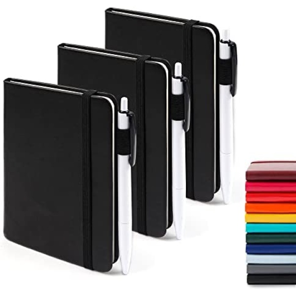 3 Pack Pocket Notebook Journals with 3 Black Pens, Feela A6 Mini Cute Small Journal Notebook Bulk Hardcover College Ruled Notepad with Pen Holder for Office School Supplies, 3.5”x 5.5”, Black