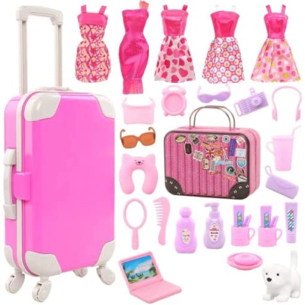 30 PCS Girl Doll Travel Set 1 Luggage 1 Suitcase 5 Clothes 1 Laptop 22 Travel Toiletries