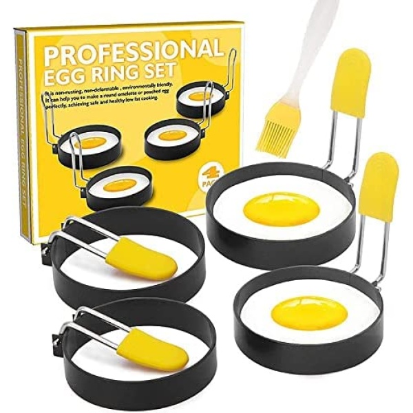 4 Pack Egg Ring,Stainless Steel Egg Ring,Silicone Handle Anti-Scald Non Stick Egg Rings with Oil Brush for Fried Eggs Shaping