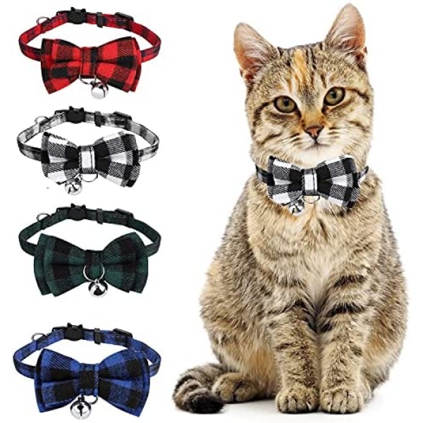 4 Pcs Cat Collars Breakaway Kitten Collar with Bow Tie and Bell Adjustable Safety Quick Release Cat Collar for Girl Boy Cats Neck 8"-11" (4 Colors)