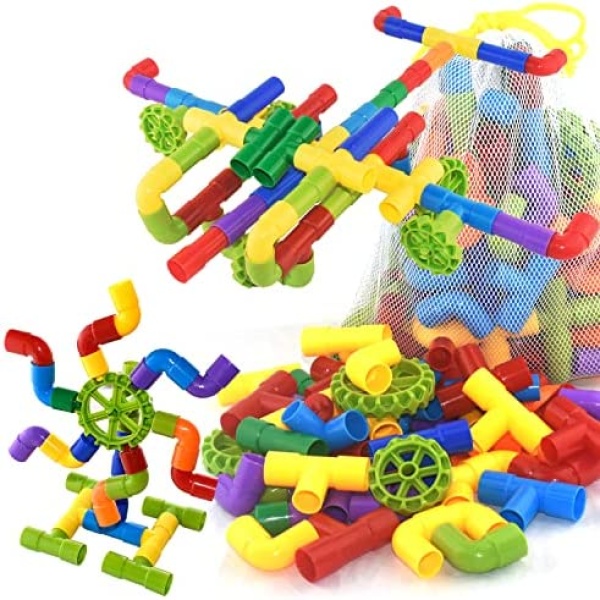 80 Pieces Toy Pipe, Tubular Spout Construction Building Blocks, Fun Educational Building Construction Toys with Wheels, Parts and Storage Bag for Kids Boys Girls Ages 3+