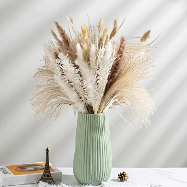 89Pcs Dried Pampas Grass Decor, 15Pcs White Pampas Grass, 15Pcs Brown Pampas, 30Pcs Reed Grass, 15Pcs Bunny Tails, Fluffy Stem Bouquet for Flower Arrangements Boho Wedding Home Decor (17in)