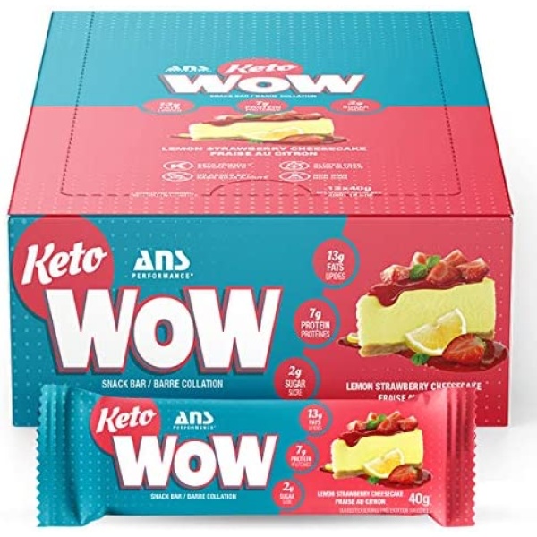 ANS Performance KetoWow Bars - Low Carb Protein Bars - Keto-Friendly - 3g Net Carbs & 1g Sugar - Gluten Free - Naturally Sweetened Nutrition Bars - Lemon Strawberry Cheesecake, 12 x 40g Bars Per Box