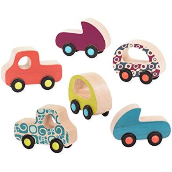 B. Mini Wooden Cars-– 6 Little Toy Cars – Colorful Car Play Set for Toddlers, Kids – Smooth Wooden Vehicles – Free Wheee-Lees – 1 Year + (BX2038Z)