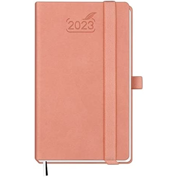 BEZEND Pocket 2023 Planner , Small Agenda for Purse 3.5 Inch x 6 Inch , Daily Weekly and Monthly Calendar with Pen Holder, Vegan Leather Hard Cover - Pink