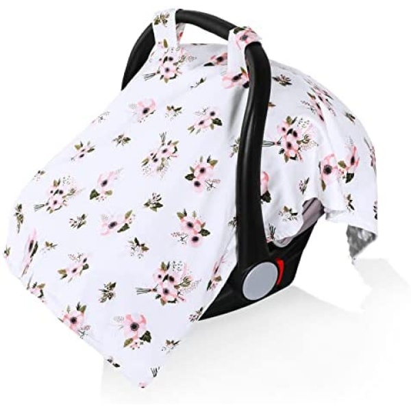 Baby Car Seat Cover Canopy and Nursing Cover for Breastfeeding Winter/Summer Weather Infant Baby Gifts for Newborn Floral for Boys Girls (Flower/Pink)