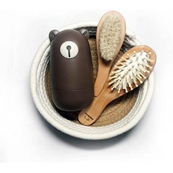 Baby Hair Brush Comb and Nail Clippers Set with Woven Basket for Newborn and Infant,Baby Grooming Kit for Baby Shower Gifts (Bronze)