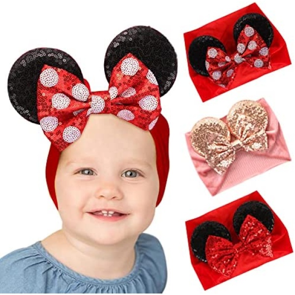 Baby Mouse Ears Headband, Mouse Ears Sequins Bows Fabric Elastic Head Wrap for Newborn Baby Care Hair Care Hairbands Half and First Birthday Outfit Girls or Costume Party supplies (red polka dot bow)