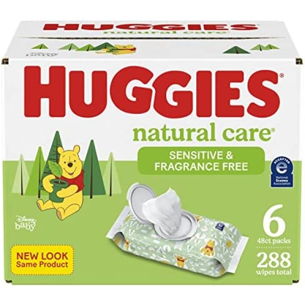 Baby Wipes, Huggies Natural Care Sensitive, UNSCENTED, Hypoallergenic, 6 Flip Top Packs, 288 count