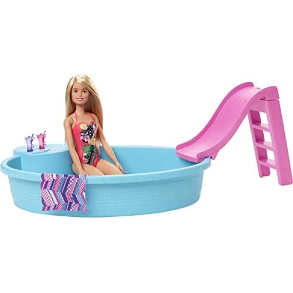 Barbie Doll and Pool Playset with Pink Slide, Beverage Accessories and Towel, Blonde Doll in Tropical Swimsuit