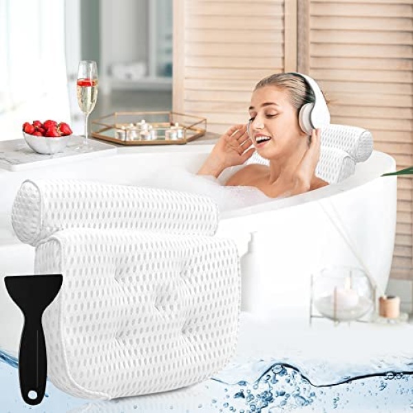 Bath Pillow Bathtub Pillow - Bath Pillows for Tub with Neck, Head, Shoulder and Back Support - 4D Air Mesh Spa Pillow for Bath - Extra Thick, Soft and Quick Dry