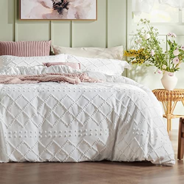 Bedsure Duvet Cover Queen Size - Queen Duvet Cover Set, Boho Queen Bedding Set for All Seasons, 3 Pieces Embroidery Shabby Chic Home Bedding Duvet Covers (White, Queen, 90x90'')