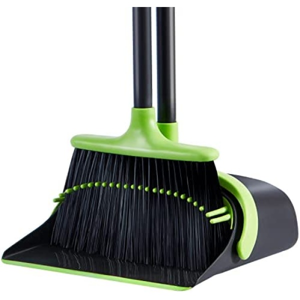 Broom and Dustpan Set Cleaning Supplies - Upright Broom and Dustpan Combo with Long Extendable Handle for Home Kitchen Room Office Lobby Floor Use Upright Stand up Dustpan Broom Set (Green)