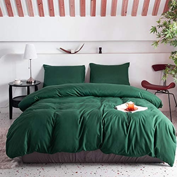 CCoutueChen Brushed Microfiber Duvet Cover Set Queen Dark Green Solid Color Lightweight Soft and Breathable Bedding Duvet Cover Set with Zipper Modern Style Bedding Set