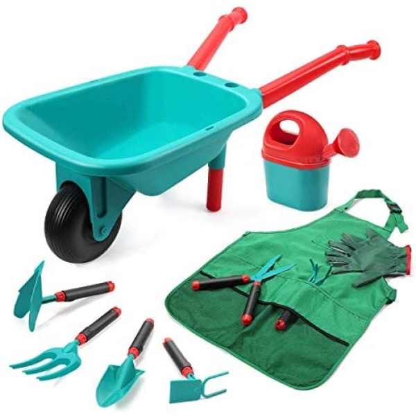 CUTE STONE Kids Gardening Tool Set,Garden Toys with Wheelbarrow,Watering Can,Gardening Gloves,Hand Rake,Shovel,Trowel,Double Hoe,Apron with Pockets,Outdoor Indoor Toys Gift for Kids Toddler Boys Girls